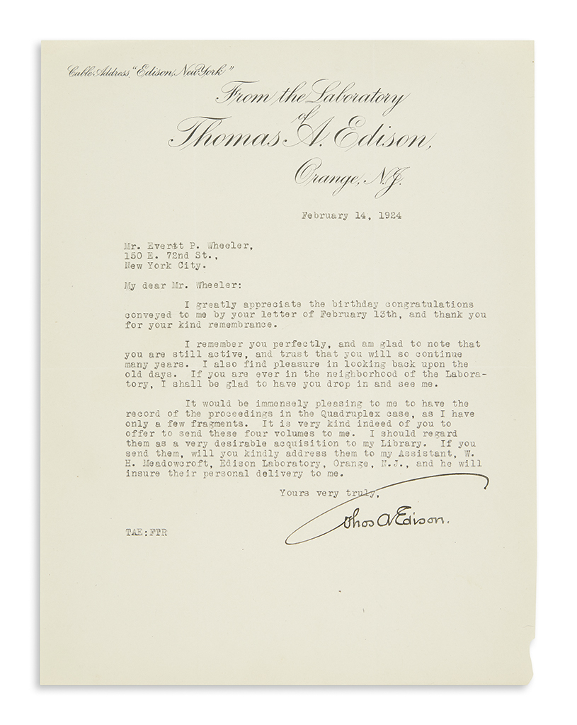 EDISON, THOMAS A. Typed Letter Signed, Thos AEdison, to lawyer Everett P. Wheeler,